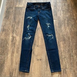 American Eagle Distressed Dark Wash Denim Jeggings, Size 0
